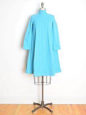 vintage 60s babydoll dress blue swing mod trapeze pleated mini dolly dress S